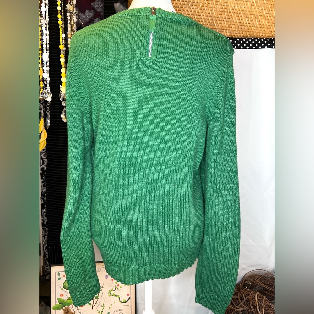 Talbots Green Sweater with Navy Pom Poms Size Medium - Picture 5 of 6